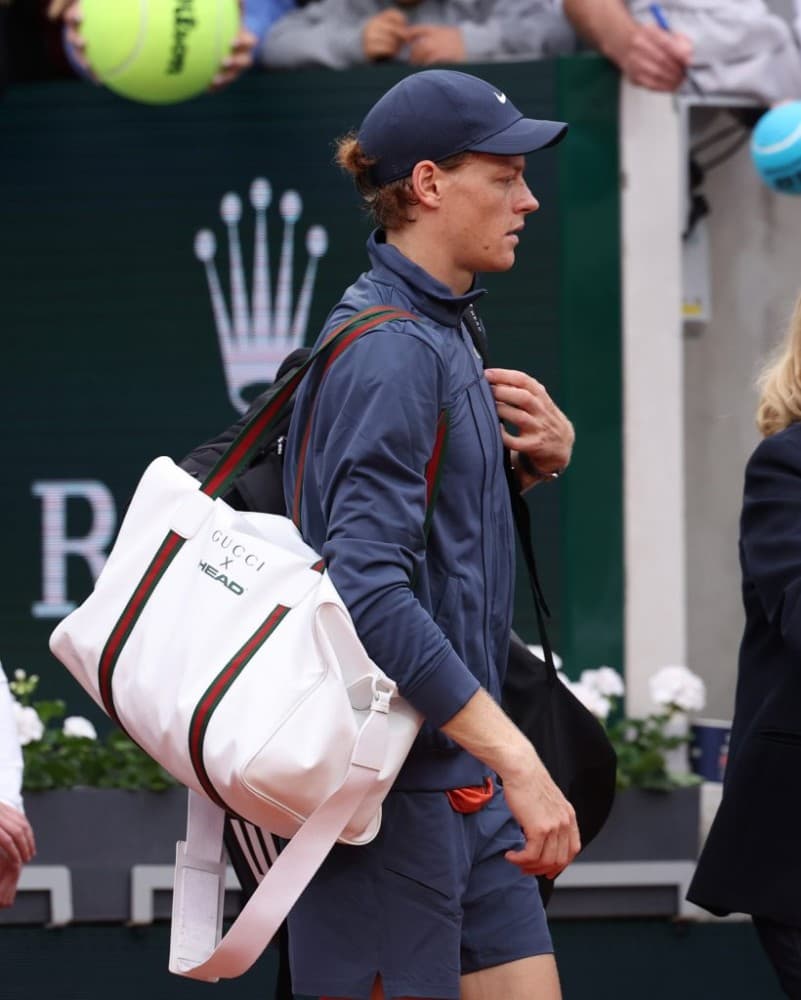 Jannik Sinner this summer with new Gucci x Head duffle bag